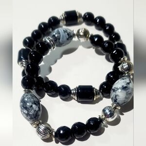 Black Glass Beaded Stretch Bracelet with Silver Accents
